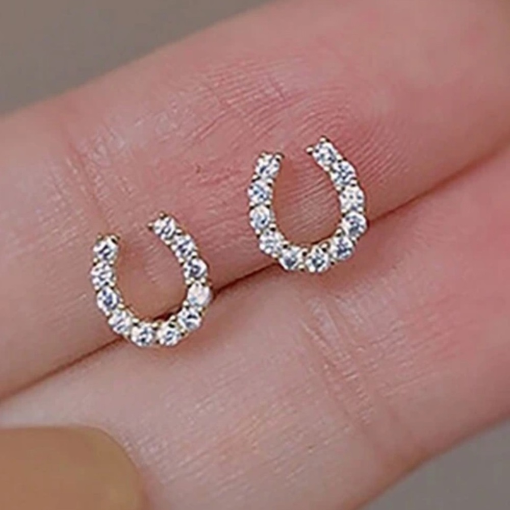 Delicate Gold Crystal Horseshoe Stud Earrings - Women Jewelry